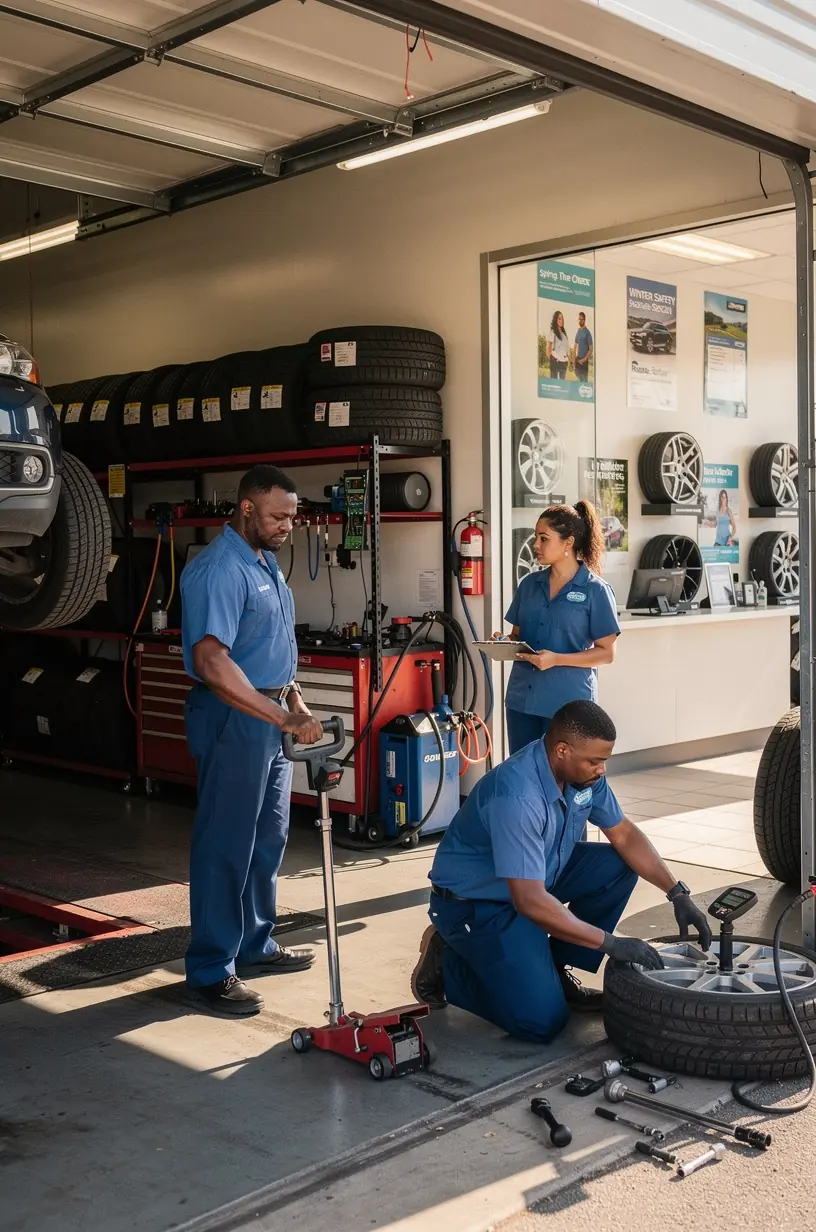 Rows of tires stored neatly in a climate-controlled facility for seasonal tire storage.