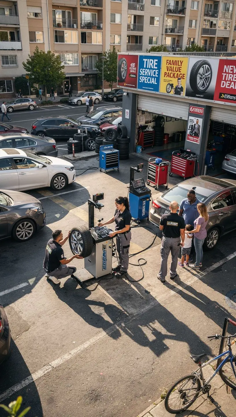 Mechanic removing old tires from a vehicle before installing new tires.